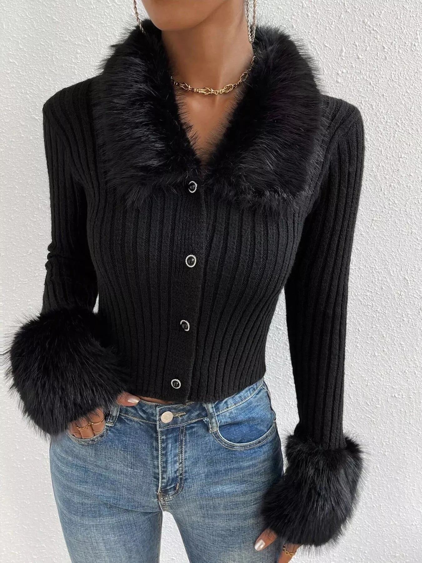 Faux Fur Trim Ribbed Knit Cropped Cardigan - Be Bliss Boutique