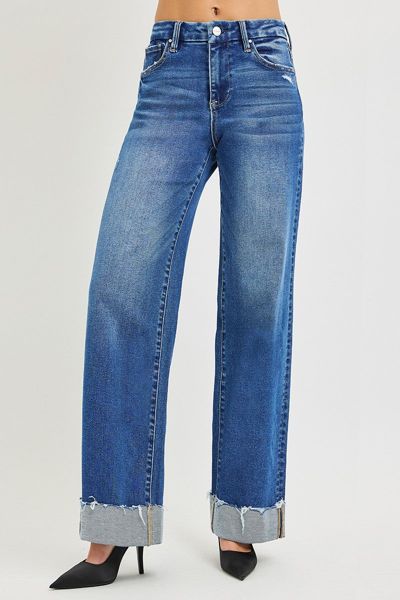 RISEN High Rise Wide Leg Jeans with Cuffed Hem - Be Bliss Boutique