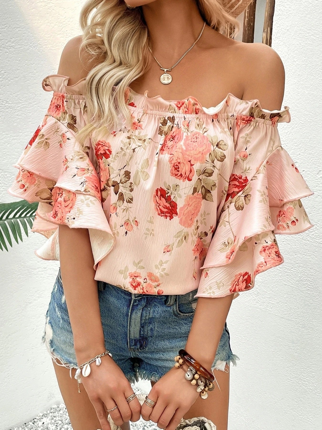 Floral Print Ruffle Off Shoulder Blouse - Be Bliss Boutique