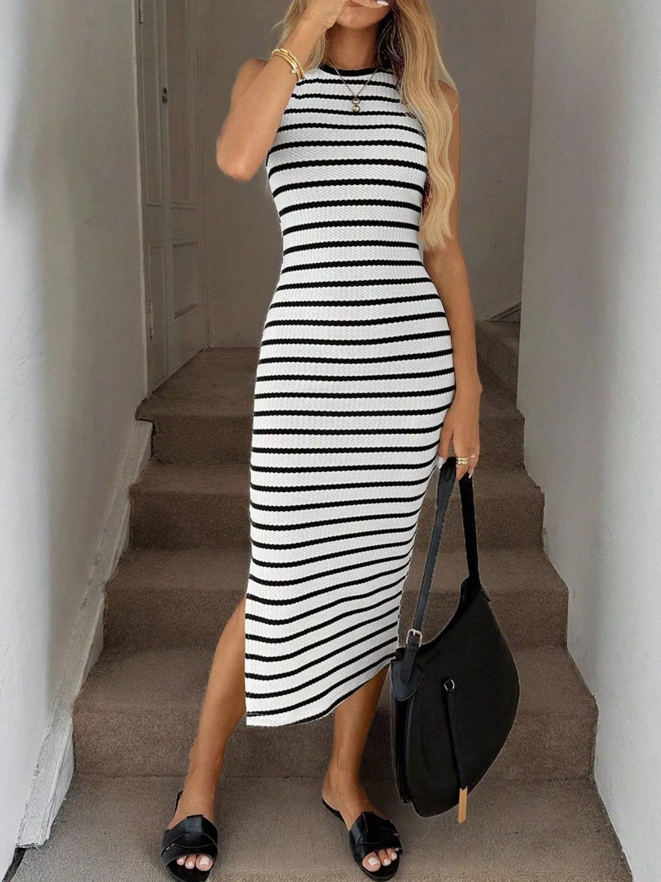 Sleeveless Striped Bodycon Midi Dress - Be Bliss Boutique