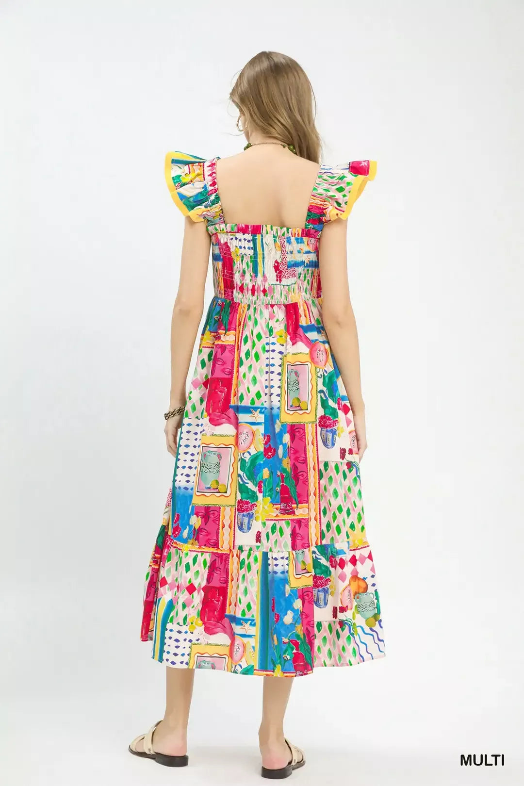 Umgee Abstract Print Smocked Ruffle Sleeve Tiered Midi Dress - Be Bliss Boutique