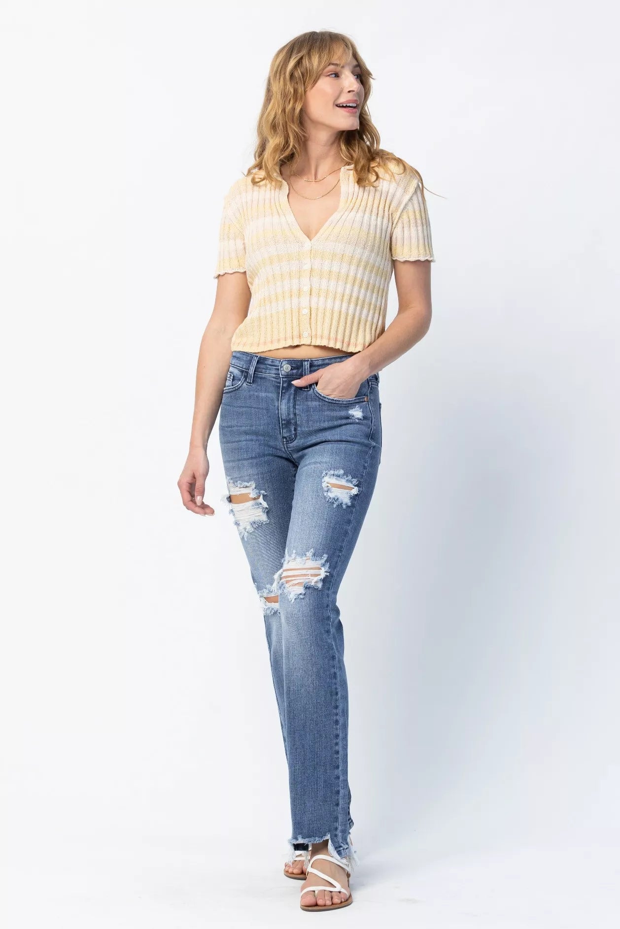 Judy Blue Full Size Mid Rise Destroy Straight Jeans Plus Size - Be Bliss Boutique
