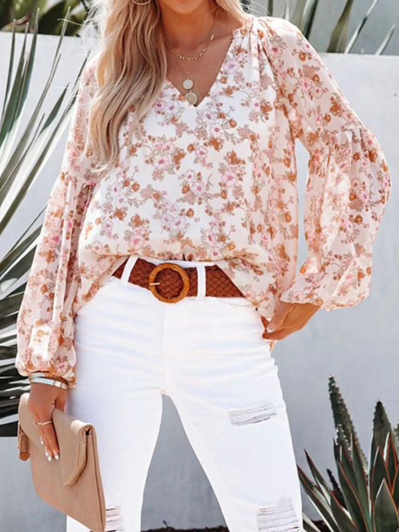 Full Size Floral Print V Neck Long Sleeve Blouse - Be Bliss Boutique