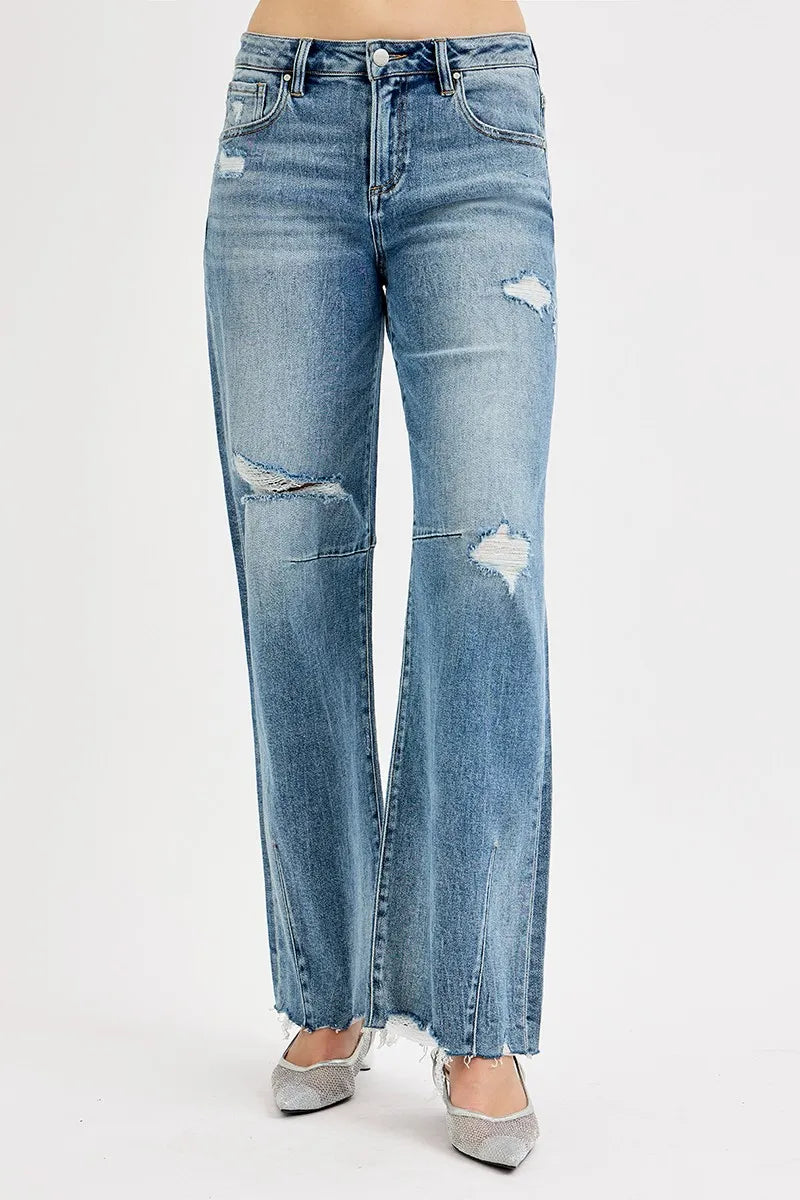 RISEN Full Size Mid Rise Fit Wide Baggy Leg Tie Washed Jeans Plus Size -  Be Bliss Boutique