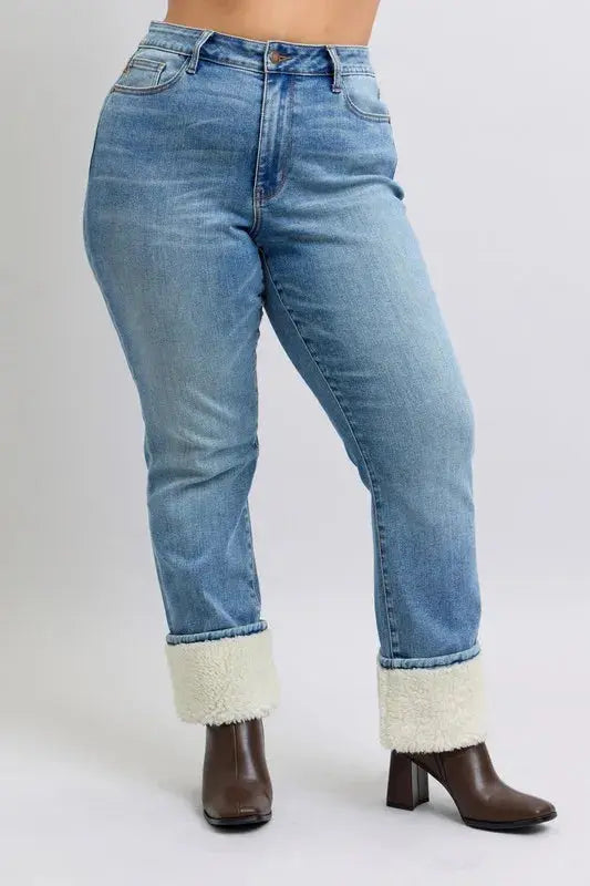 Judy Blue Full Size/Plus Size High Waist Shearling Cuff Straight Leg Jeans |  Be Bliss Boutique