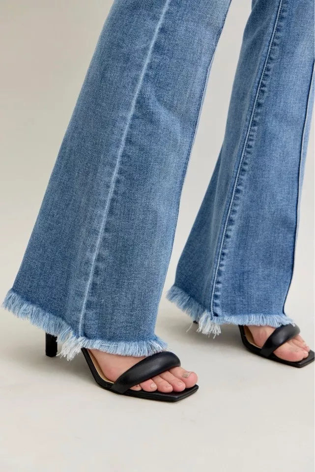 Judy Blue Jeans - High Waist Flare Fray Hem Jeans with Front Pintuck Detail - Be Bliss Boutique