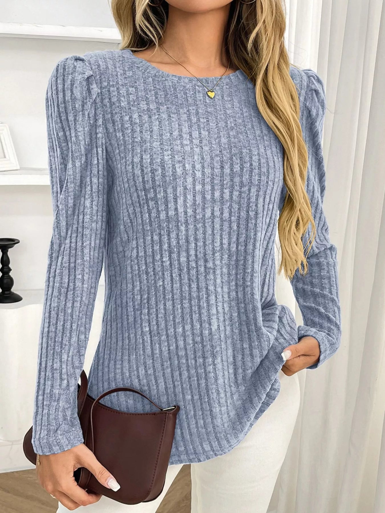 Round Neck Puff Sleeve T-Shirt - Be Bliss Boutique