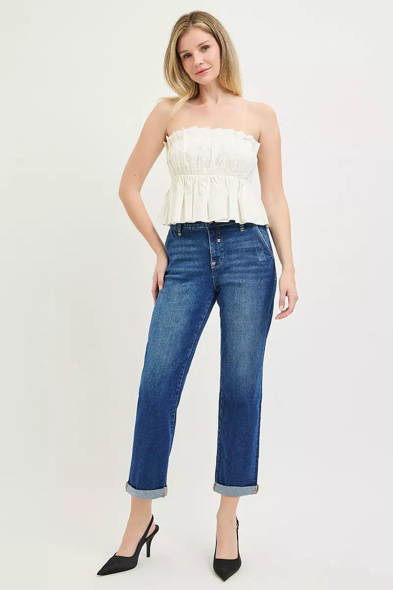 RISEN Slouchy Cropped Boyfriend Jeans with Cuffed Hem - Be Bliss Boutique