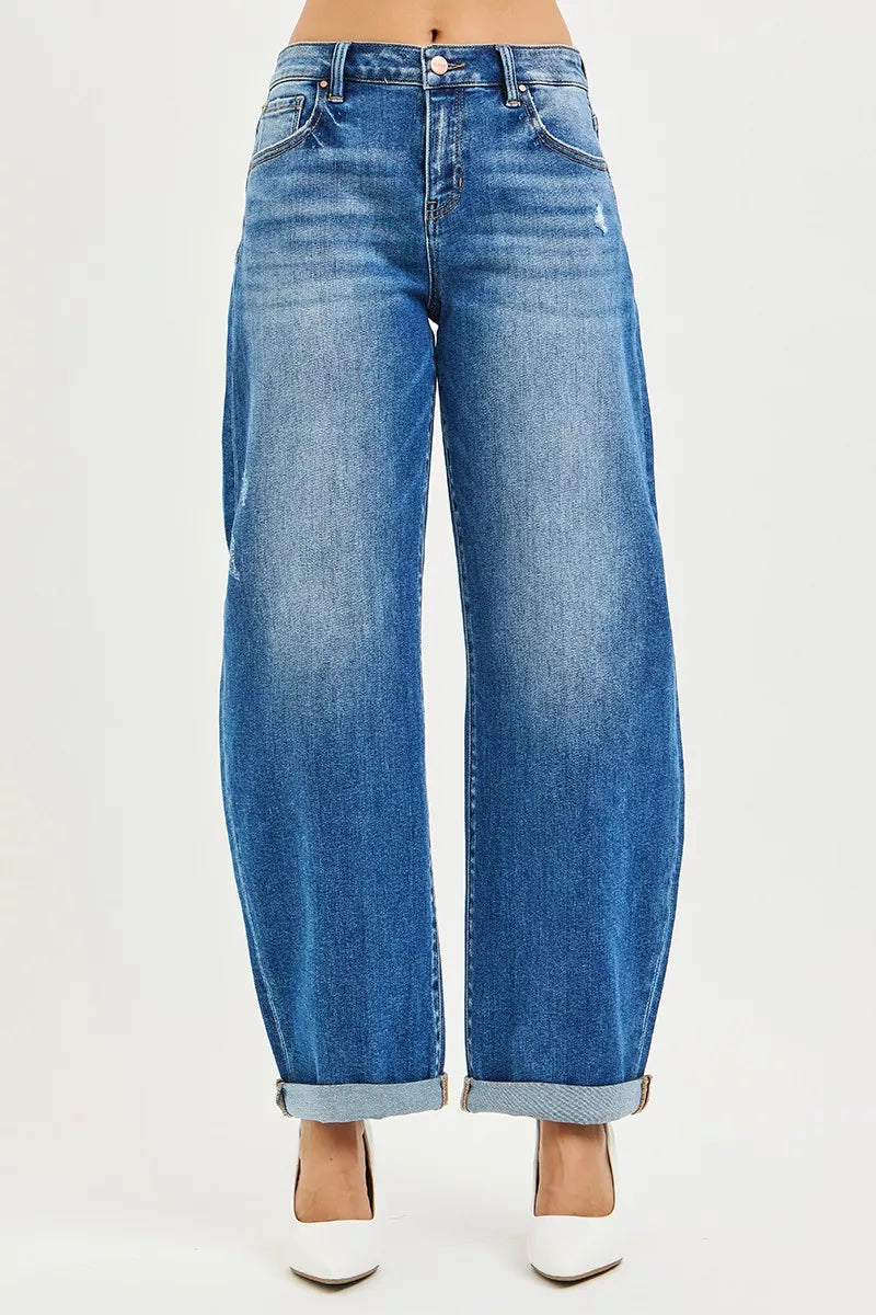 RISEN Jeans - Full Size Mid Rise Barrel Double Roll Up Jeans - Be Bliss Boutique