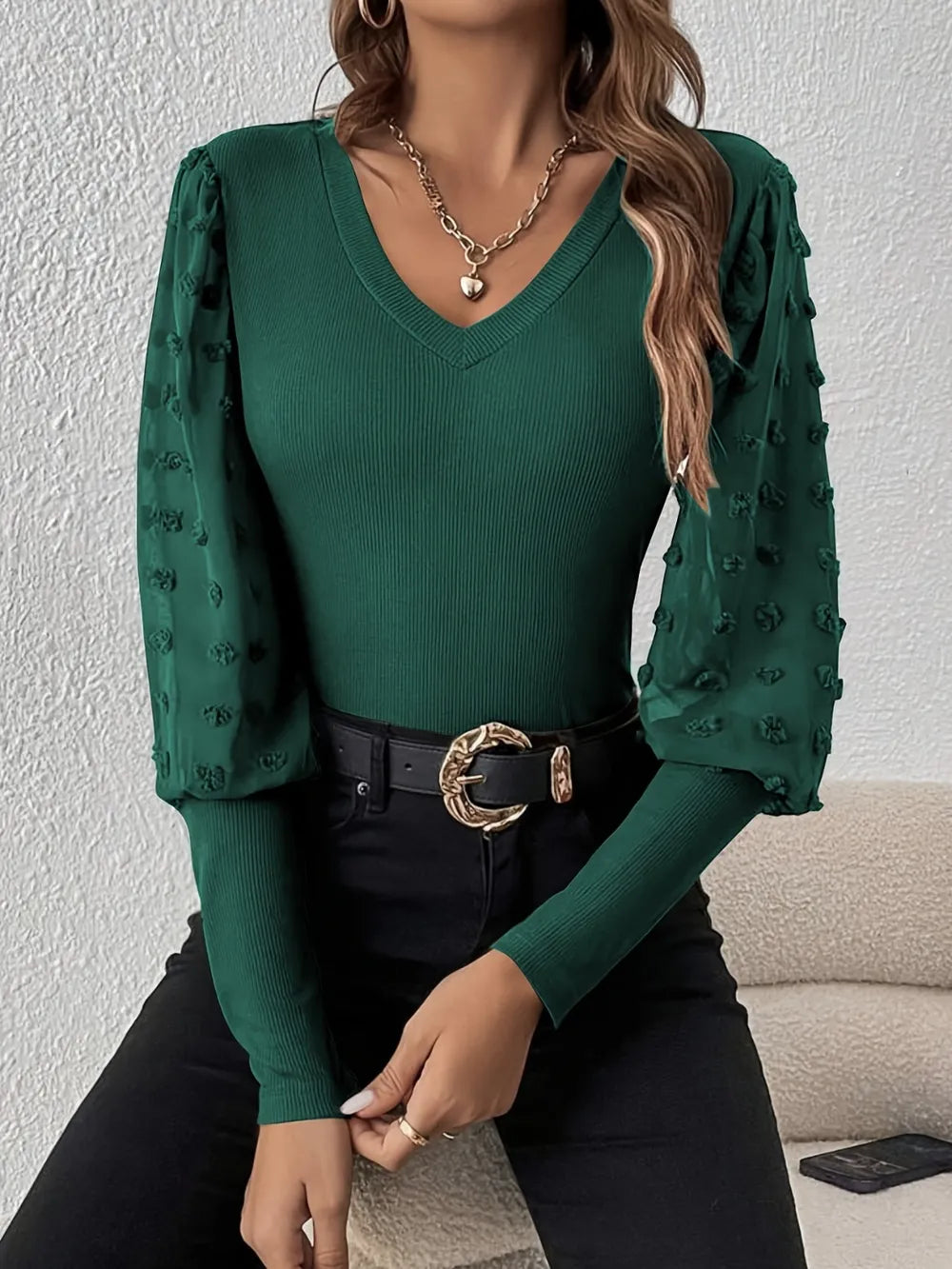 Swiss Dot V-Neck Long Sleeve Top - Be Bliss Boutique