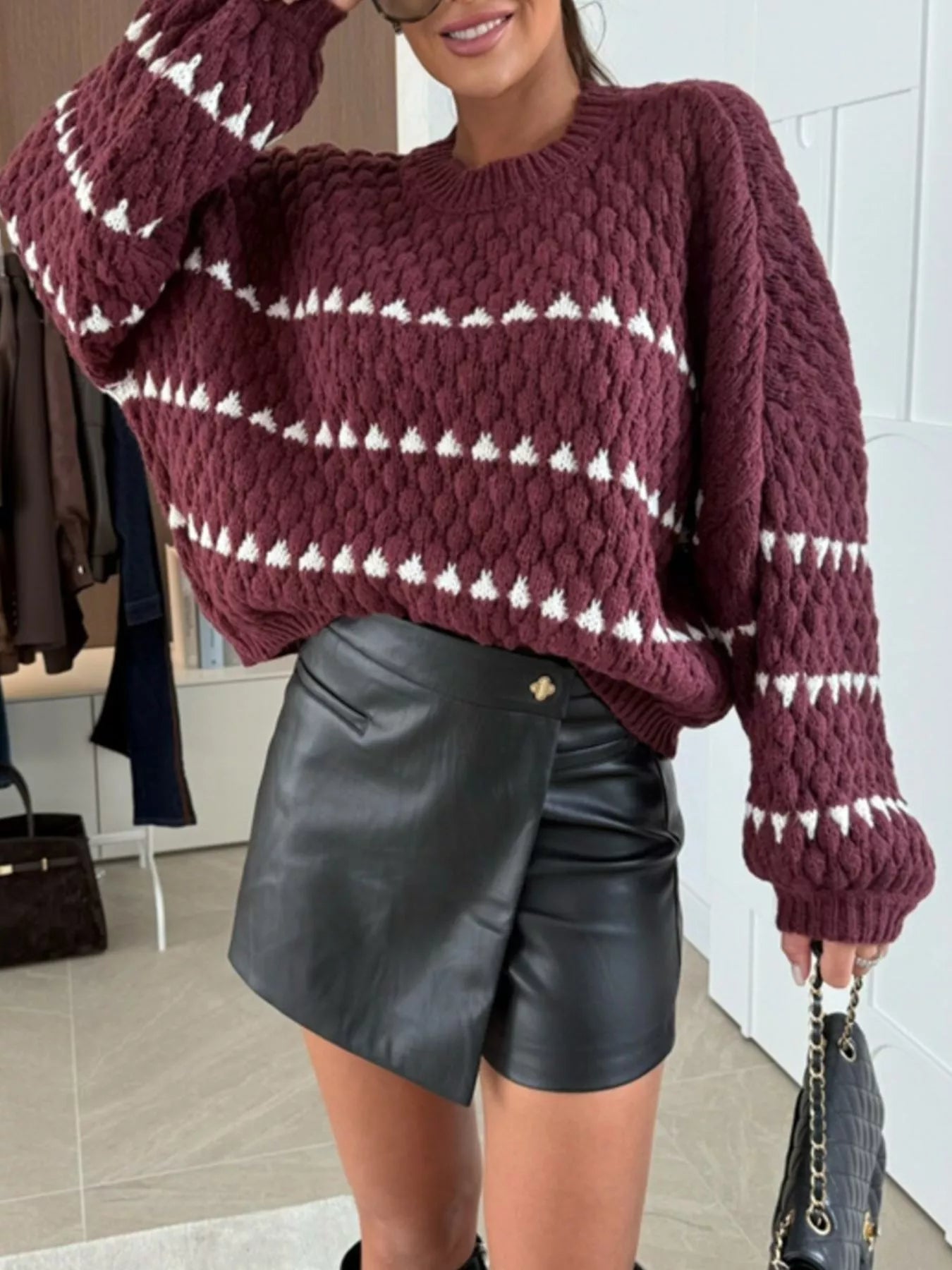 Chunky Knit Striped Sweater with Balloon Sleeves -  Be Bliss Boutique