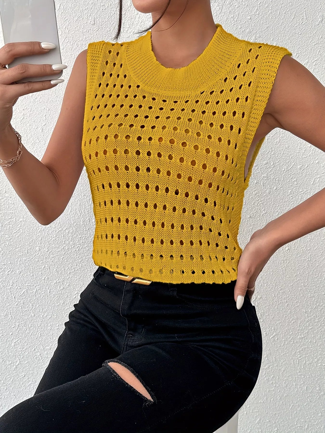 Hollow Out Round Neck Knit Tank -  Be Bliss Boutique