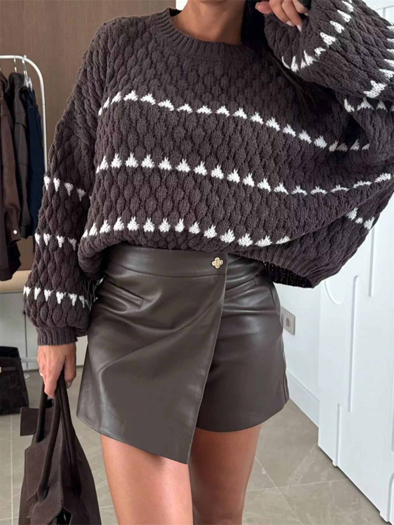Chunky Knit Striped Sweater with Balloon Sleeves -  Be Bliss Boutique