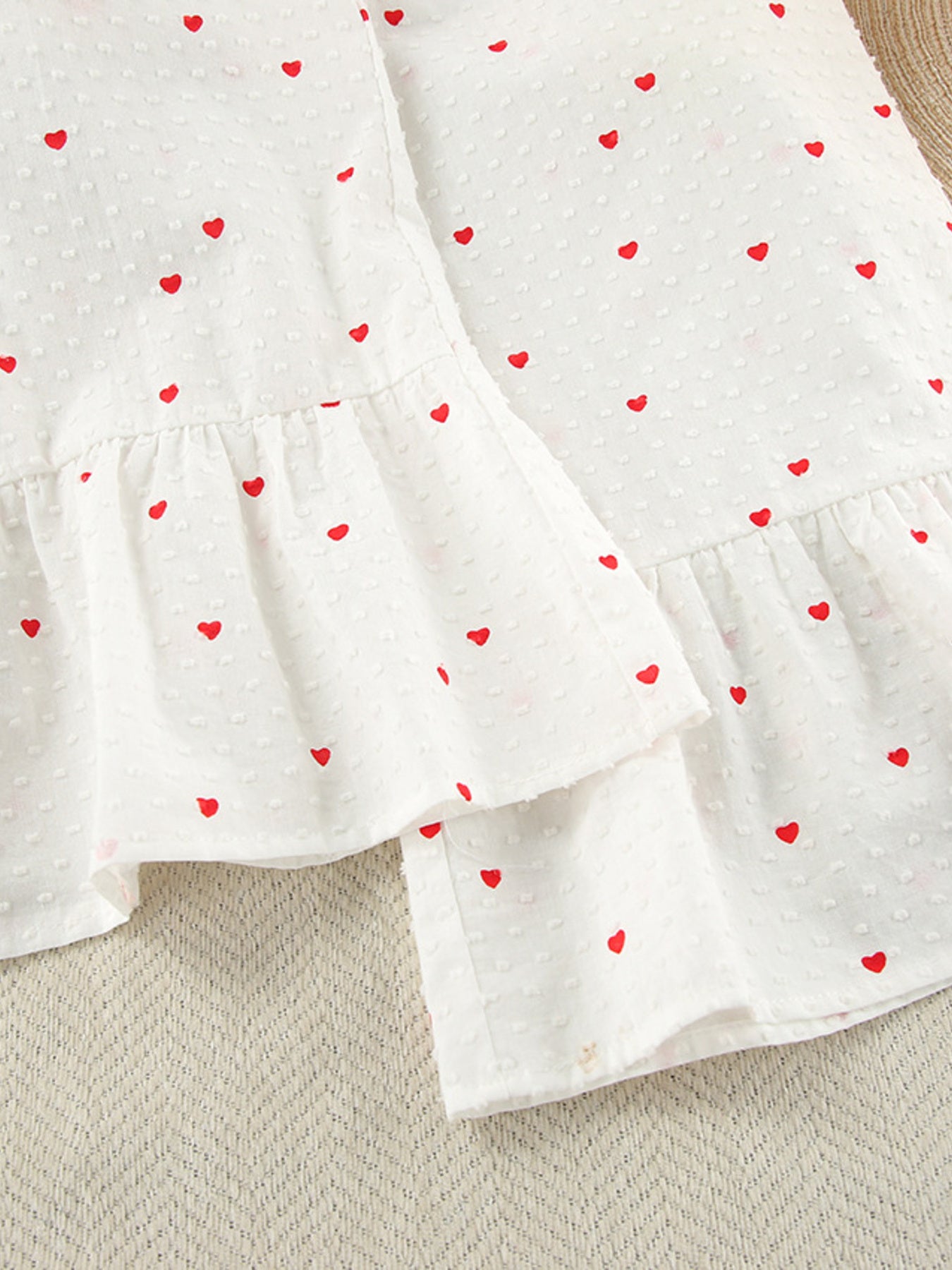 Heart Print Ruffle Trim Button-Up Cotton Lounge Set - Be Bliss Boutique