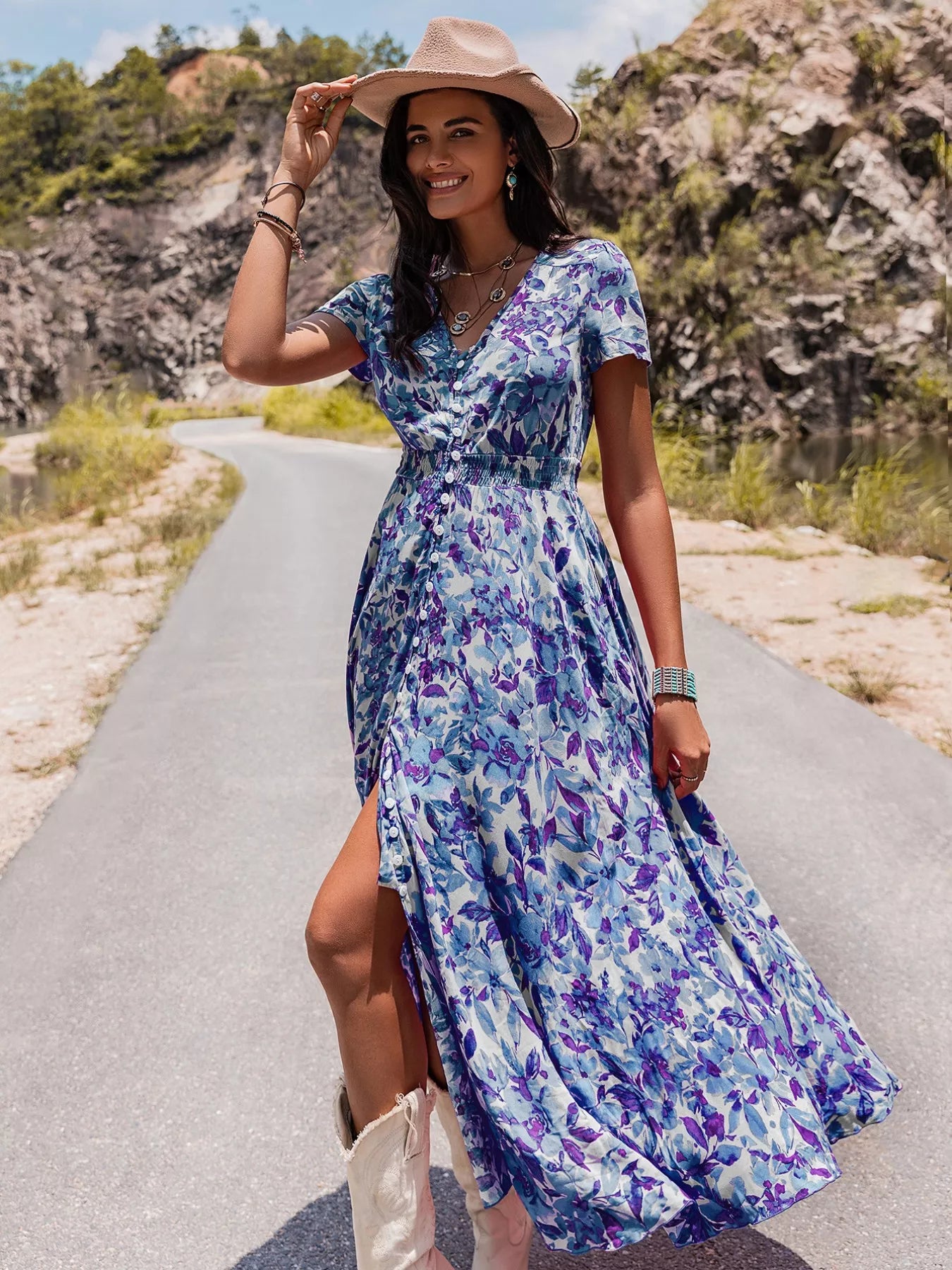 Floral Print Slit Front V Neck Midi Dress - Be Bliss Boutique