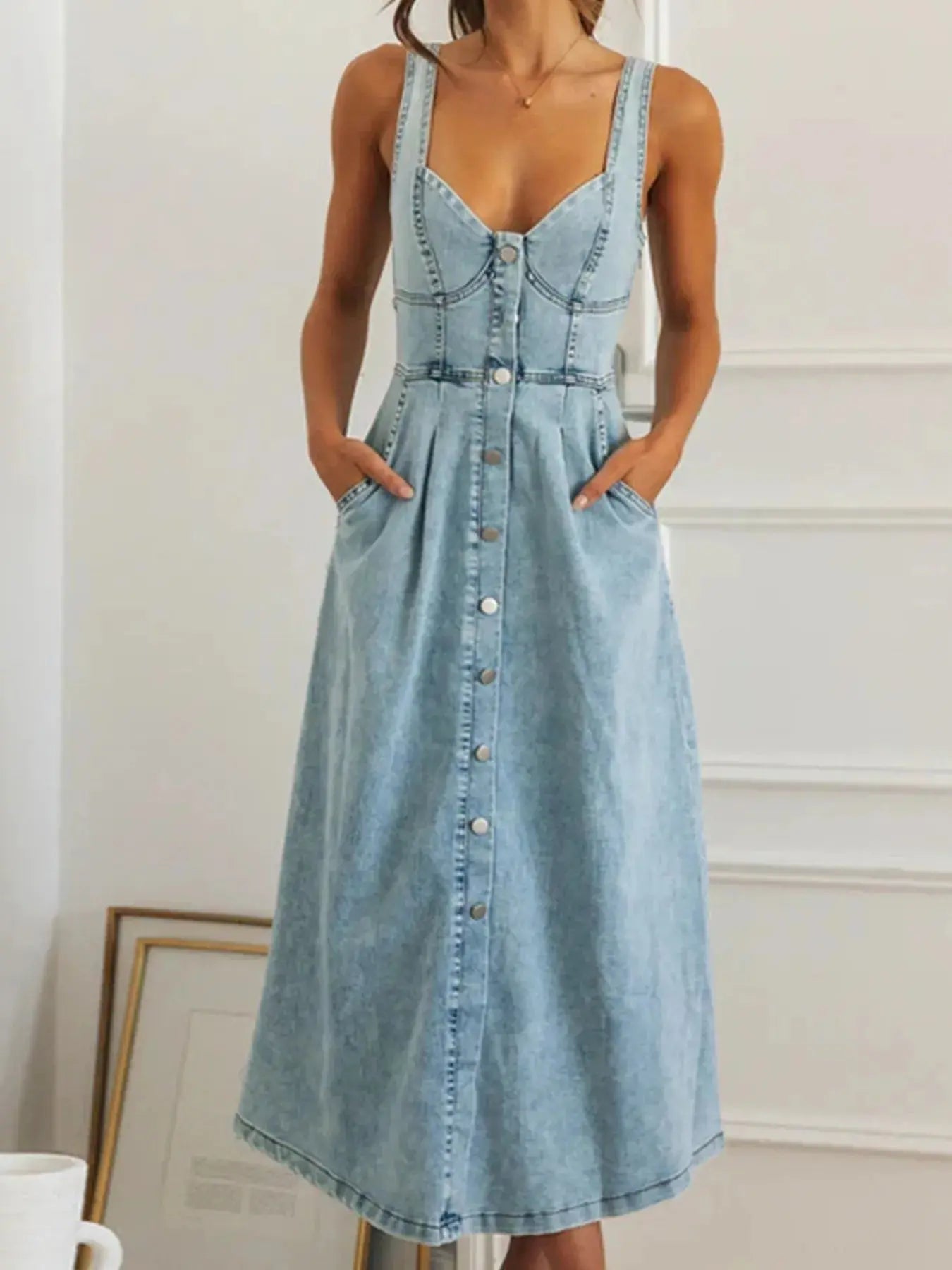 Sweetheart Neck Button-Front Midi Denim Dress |  Be Bliss Boutique