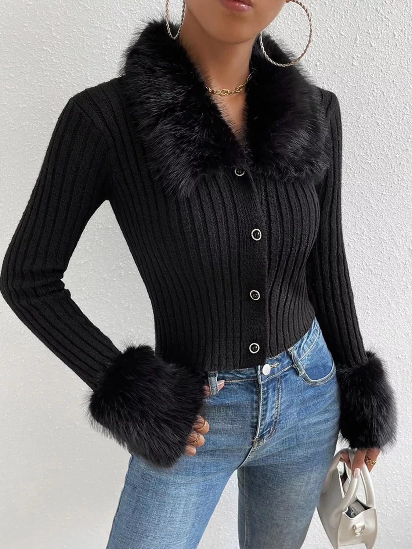 Faux Fur Trim Ribbed Knit Cropped Cardigan - Be Bliss Boutique