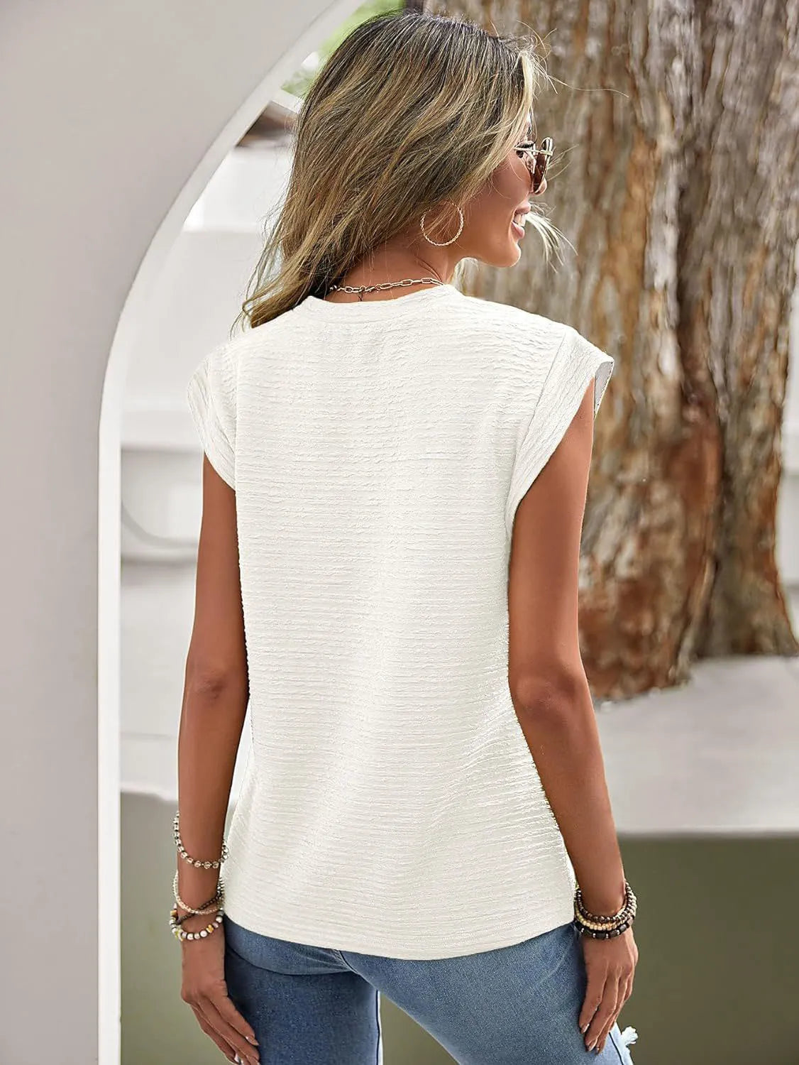 Textured Round Neck Cap Sleeve Top - Be Bliss Boutique