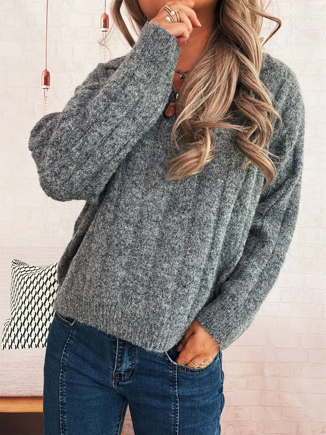 Ribbed Hem Quarter Zip Sweater -  Be Bliss Boutique