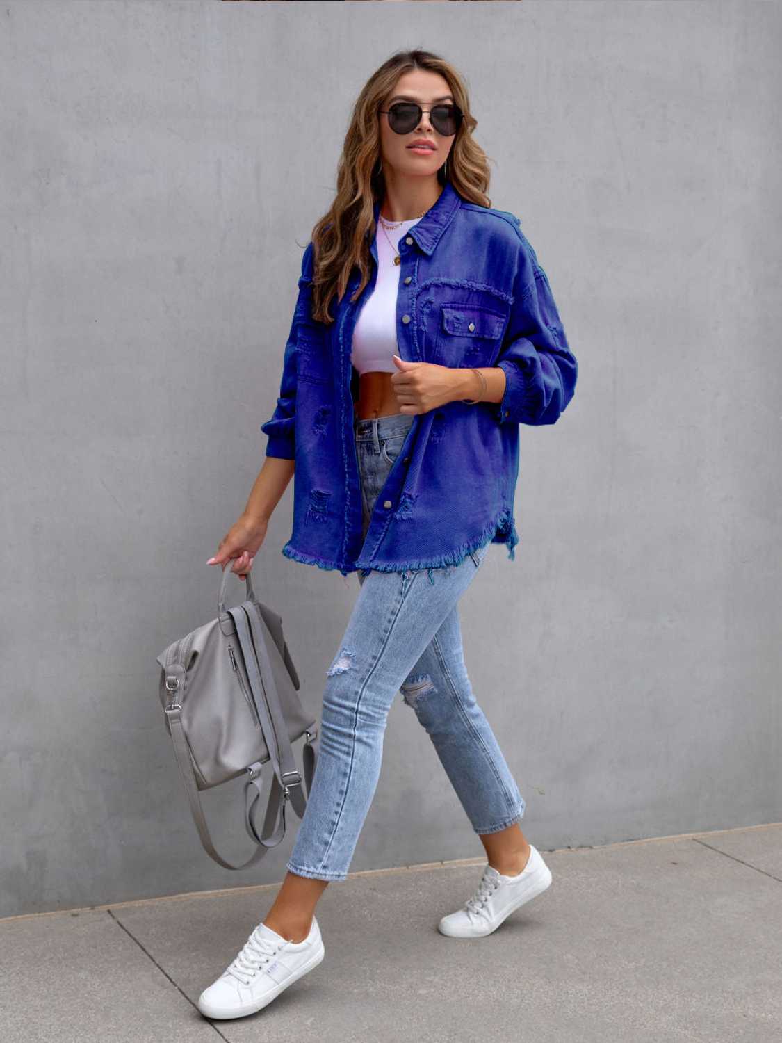 Distressed Drop Shoulder Denim Jacket - Be Bliss Boutique