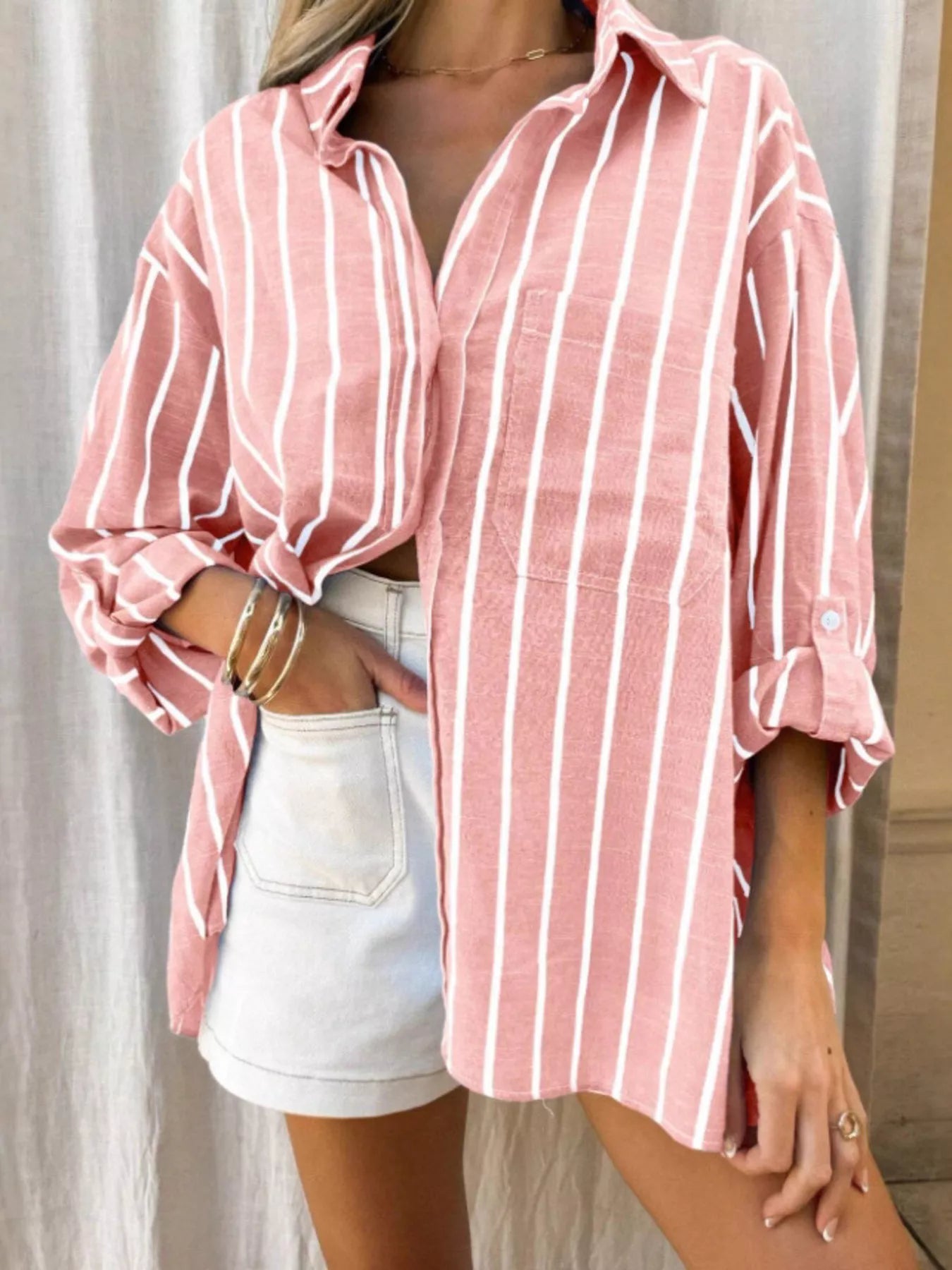 Striped Oversized Button-Down Shirt - Be Bliss Boutique