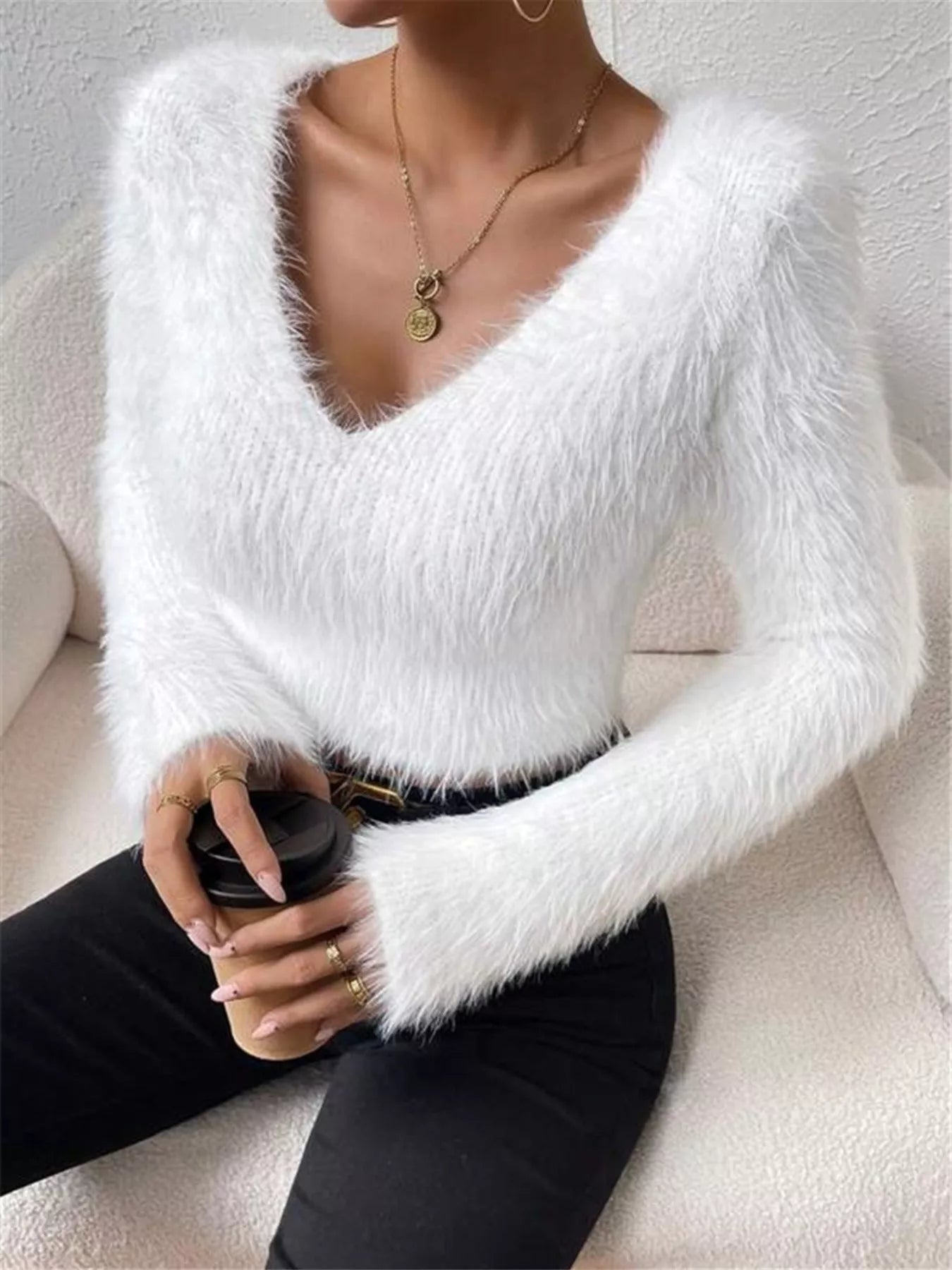 Fluffy Knit V Neck Sweater - Be Bliss Boutique
