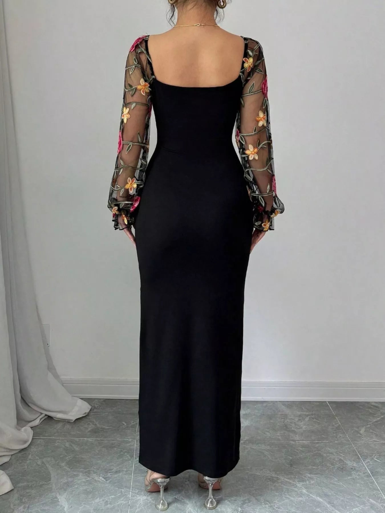 Sheer Floral Mesh Sleeves Black Bodycon Dress - Be Bliss Boutique