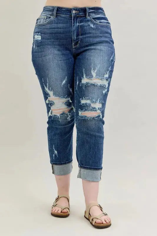 Judy Blue Full Size / Plus Size Mid Rise Cuffed Destroy Boyfriend Jeans |  Be Bliss Boutique