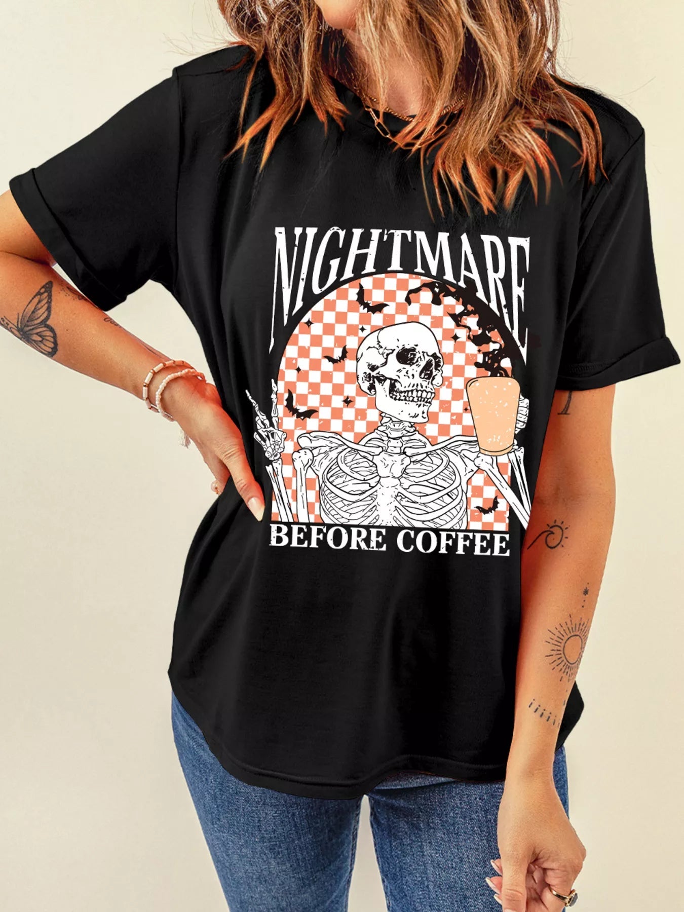 Halloween Skull Checkerboard Graphic Round Neck Tee -  Be Bliss Boutique
