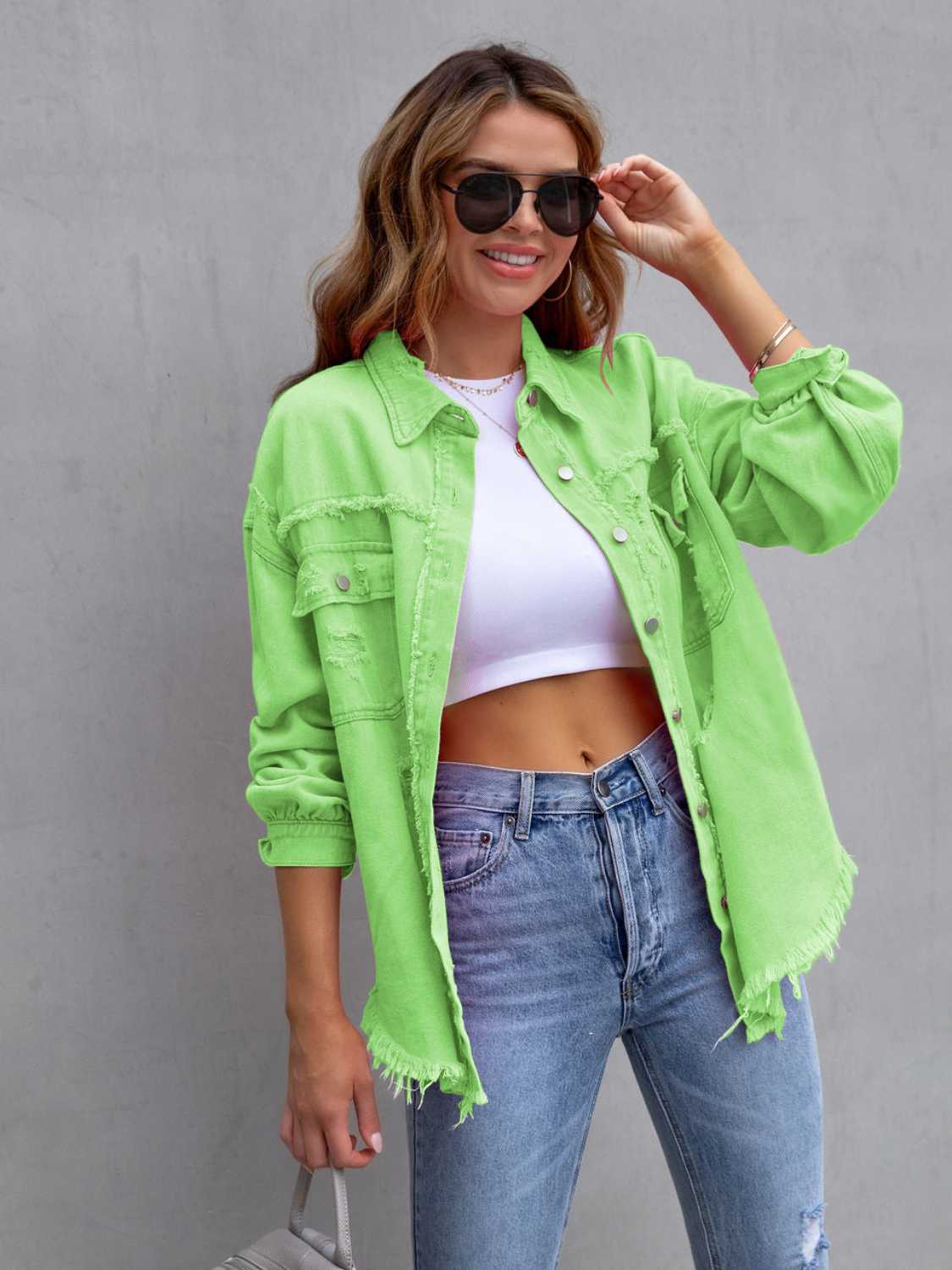 Distressed Drop Shoulder Denim Jacket - Be Bliss Boutique