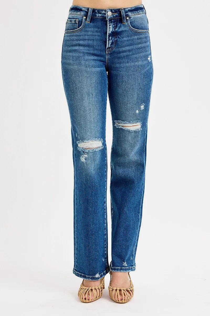 RISEN Full Size Tummy Control High Rise Straight Distressed Jeans Plus Size -  Be Bliss Boutique