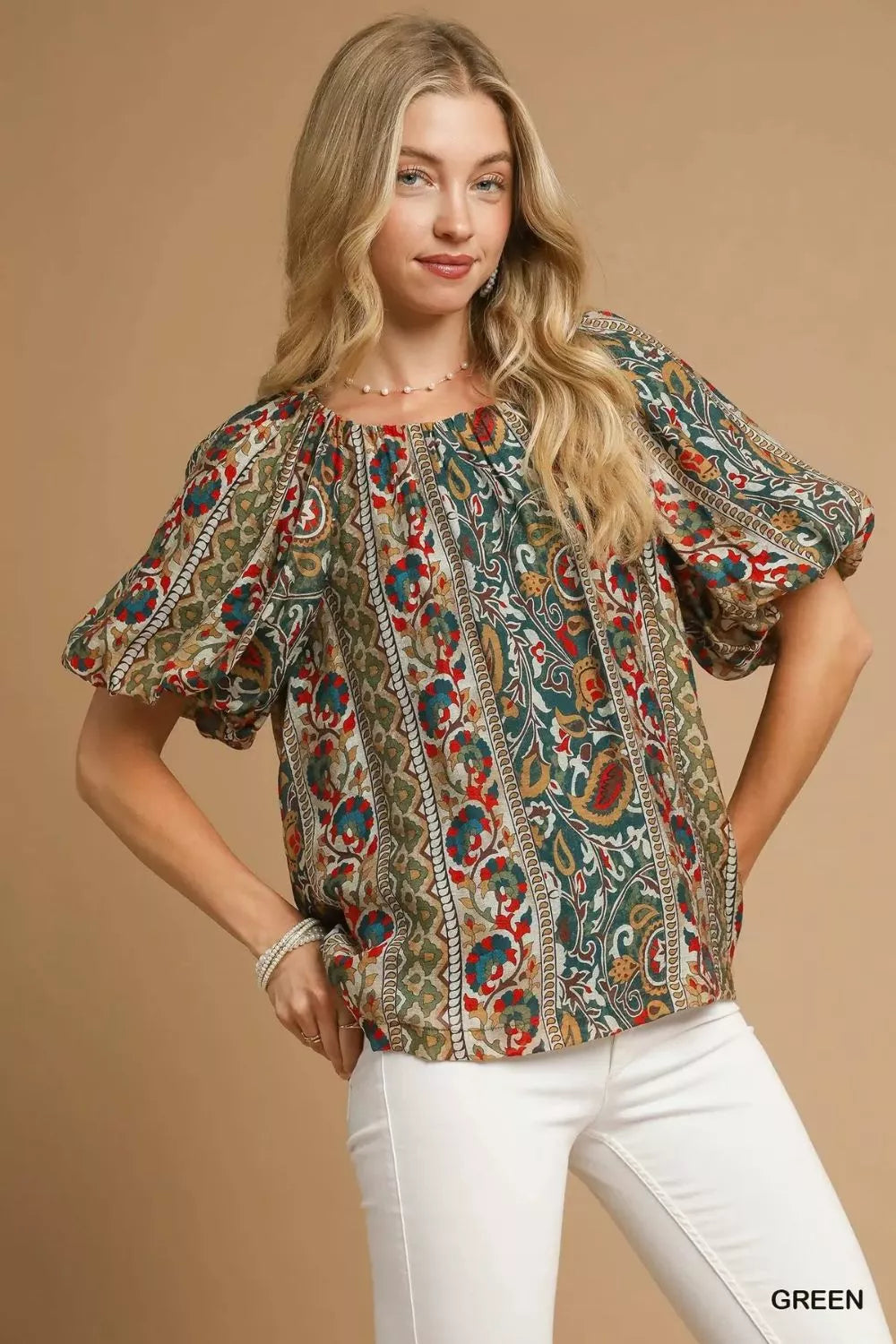 Umgee Boho Floral Stripe Puff Sleeve Blouse -  Be Bliss Boutique