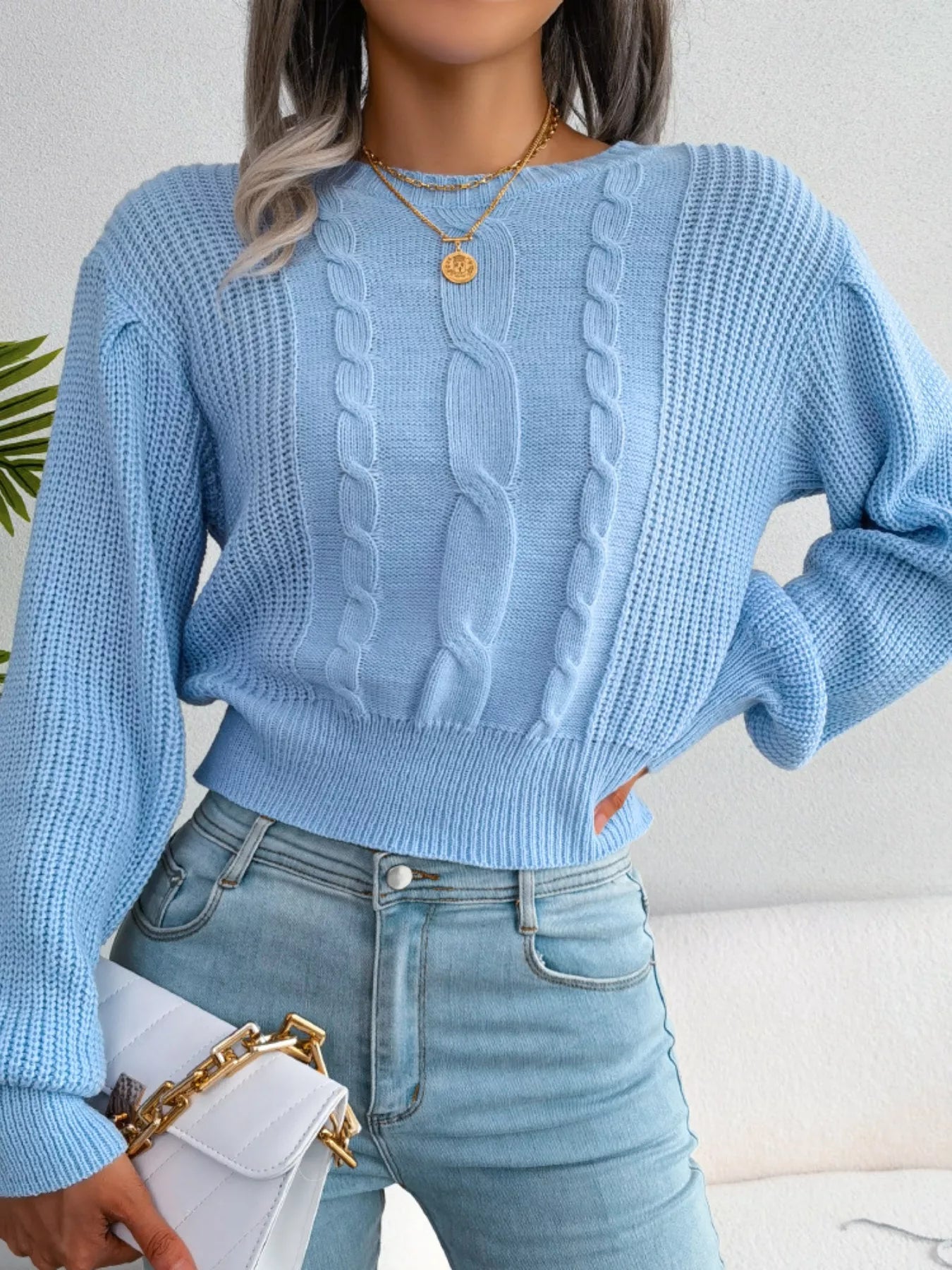 Cable Knit Round Neck Cropped Sweater - Be Bliss Boutique
