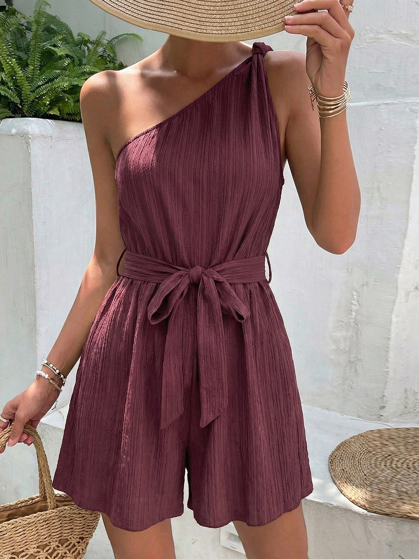 One-Shoulder Tie Waist Romper - Be Bliss Boutique