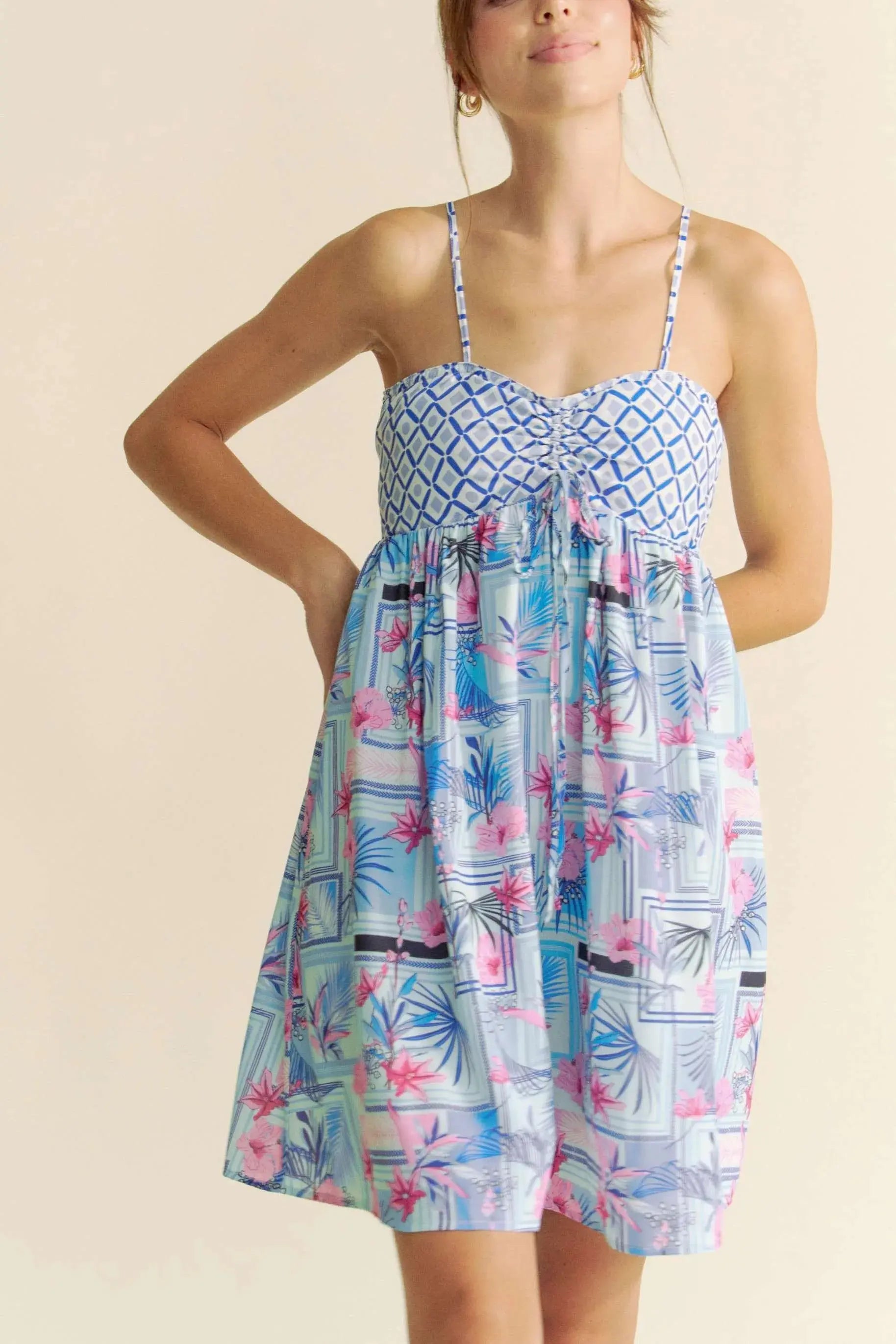 Davi & Dani Tropical Floral Geo Print Tie Back Tube Romper