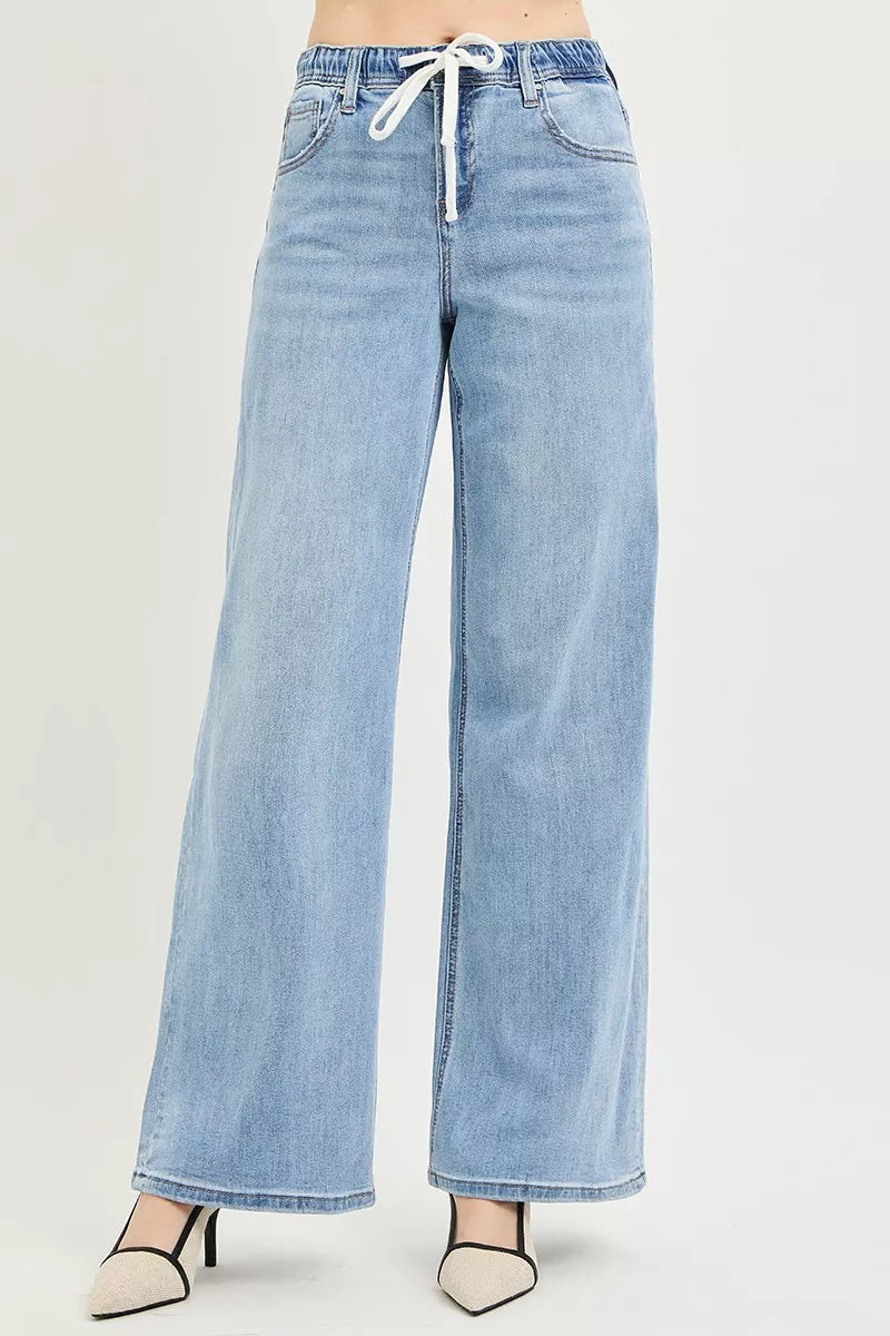 RISEN Elastic Band Slouchy Wide Leg Jeans with Drawstring - Be Bliss Boutique