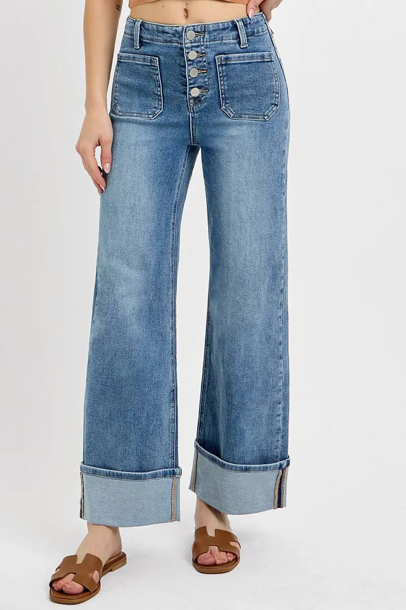 RISEN High Rise Ankle Wide Button Patch Pocket Cuffed Jeans -  Be Bliss Boutique