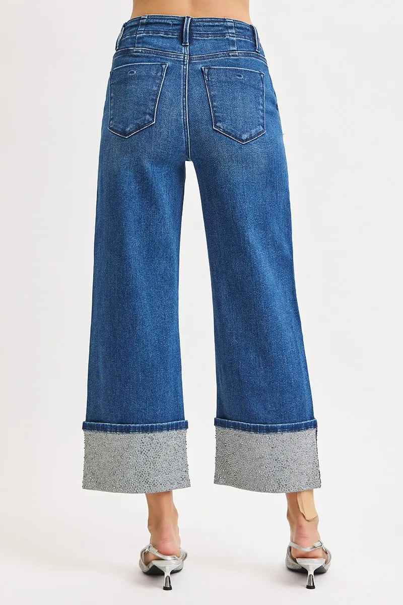 RISEN Jeans - High Rise Wide Leg Rhinestone Cuffed Jeans -  Be Bliss Boutique