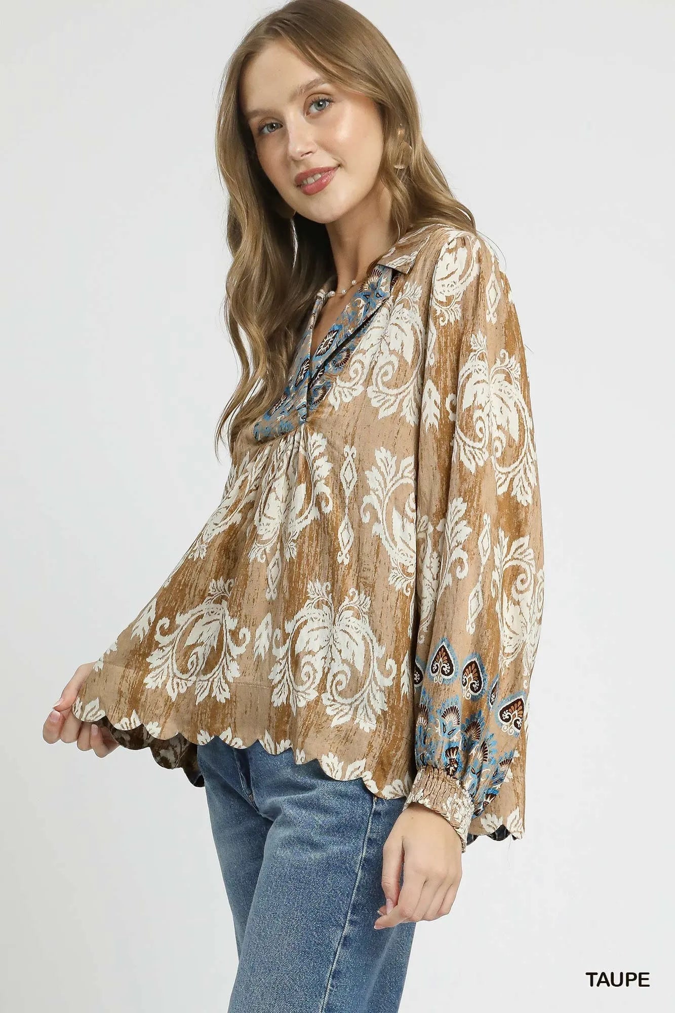 Umgee Floral Boho Blouse with Scalloped Hem -  Be Bliss Boutique