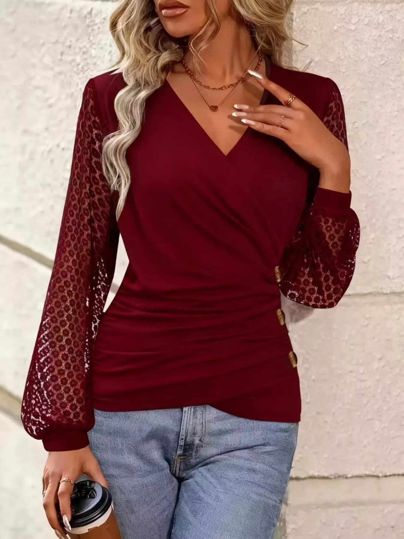 Elegant Wrap Sheer Lace Sleeve Blouse - Be Bliss Boutique