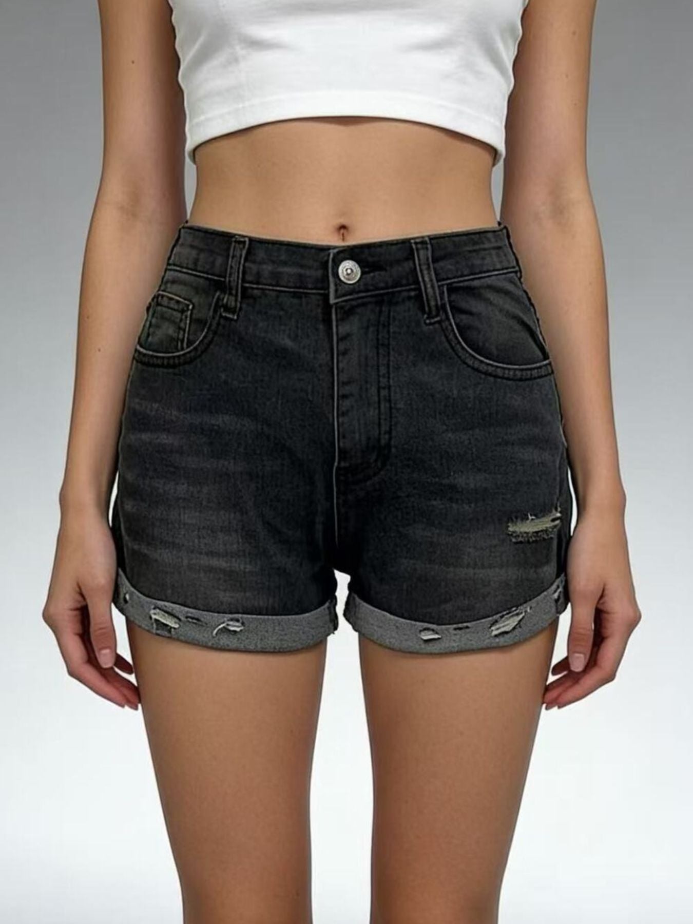 Distressed Denim Roll Up Shorts - Be Bliss Boutique