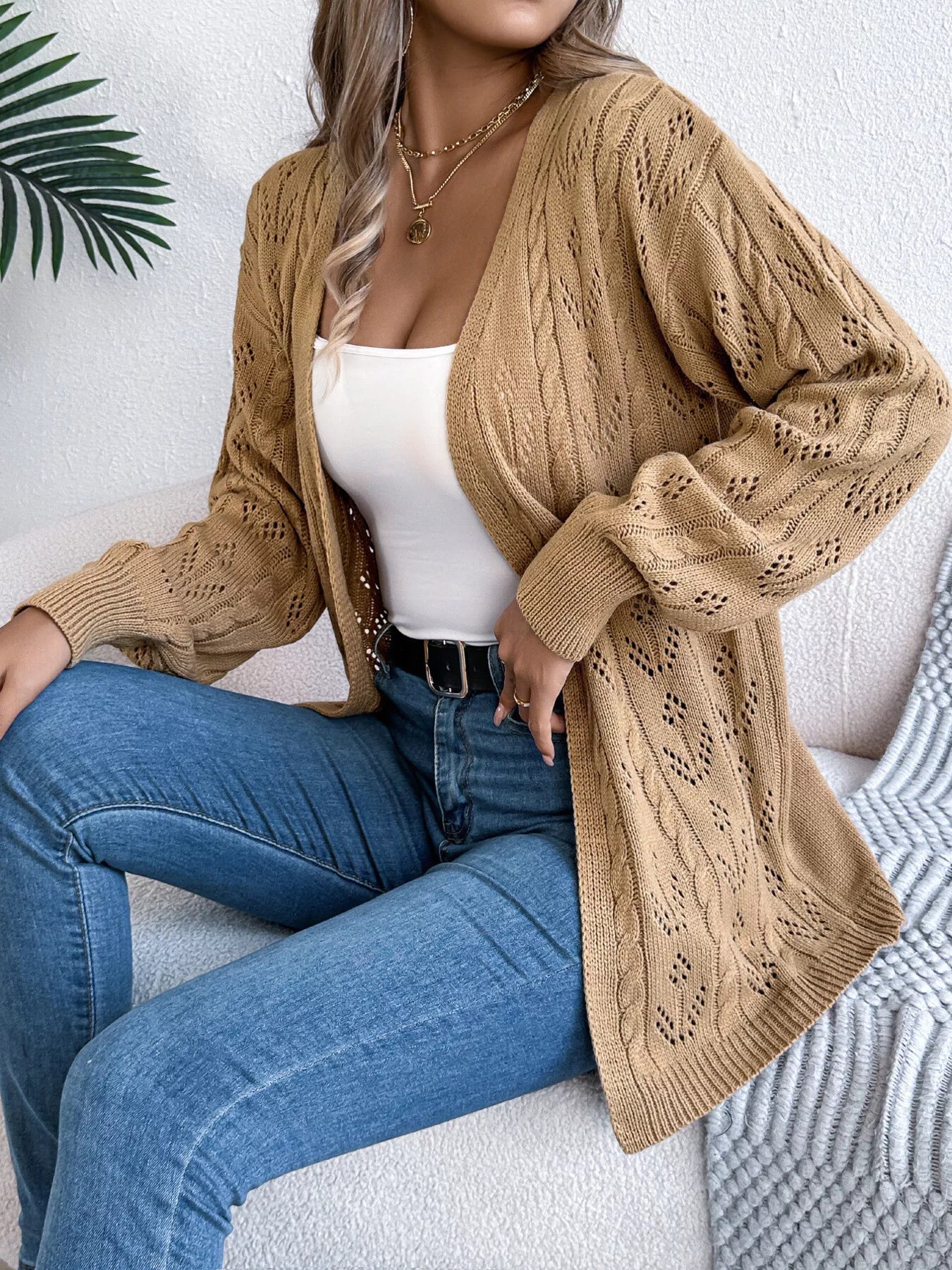 Openwork Open Front Long Sleeve Cardigan - Be Bliss Boutique