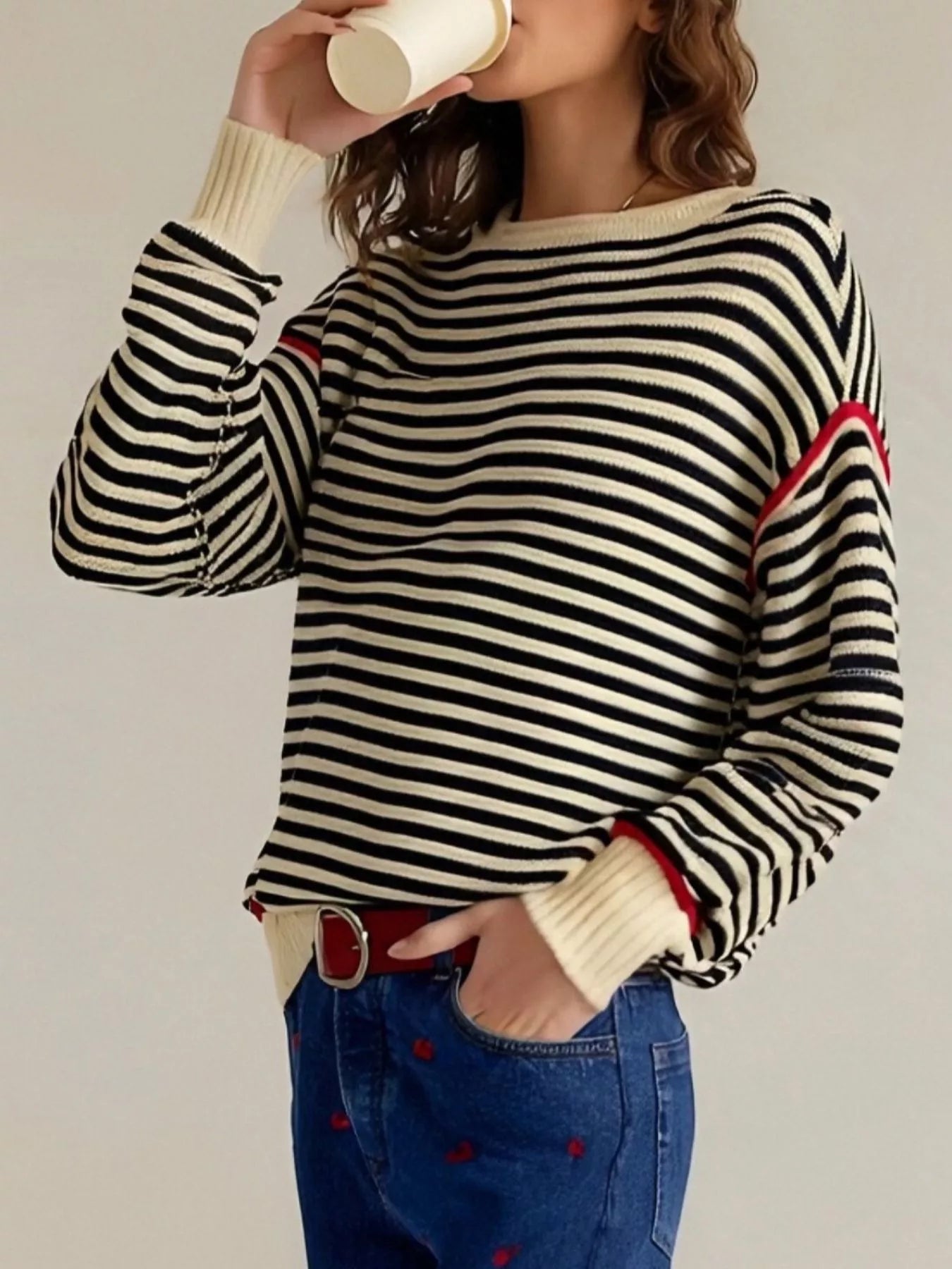 Striped Round Neck Long Sleeve Sweater -  Be Bliss Boutique