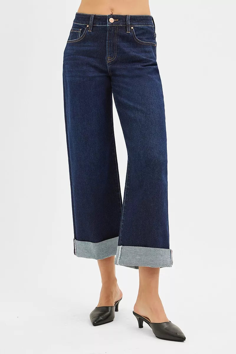 RISEN Mid Rise Fit Ankle Wide Roll Up Jeans - Be Bliss Boutique