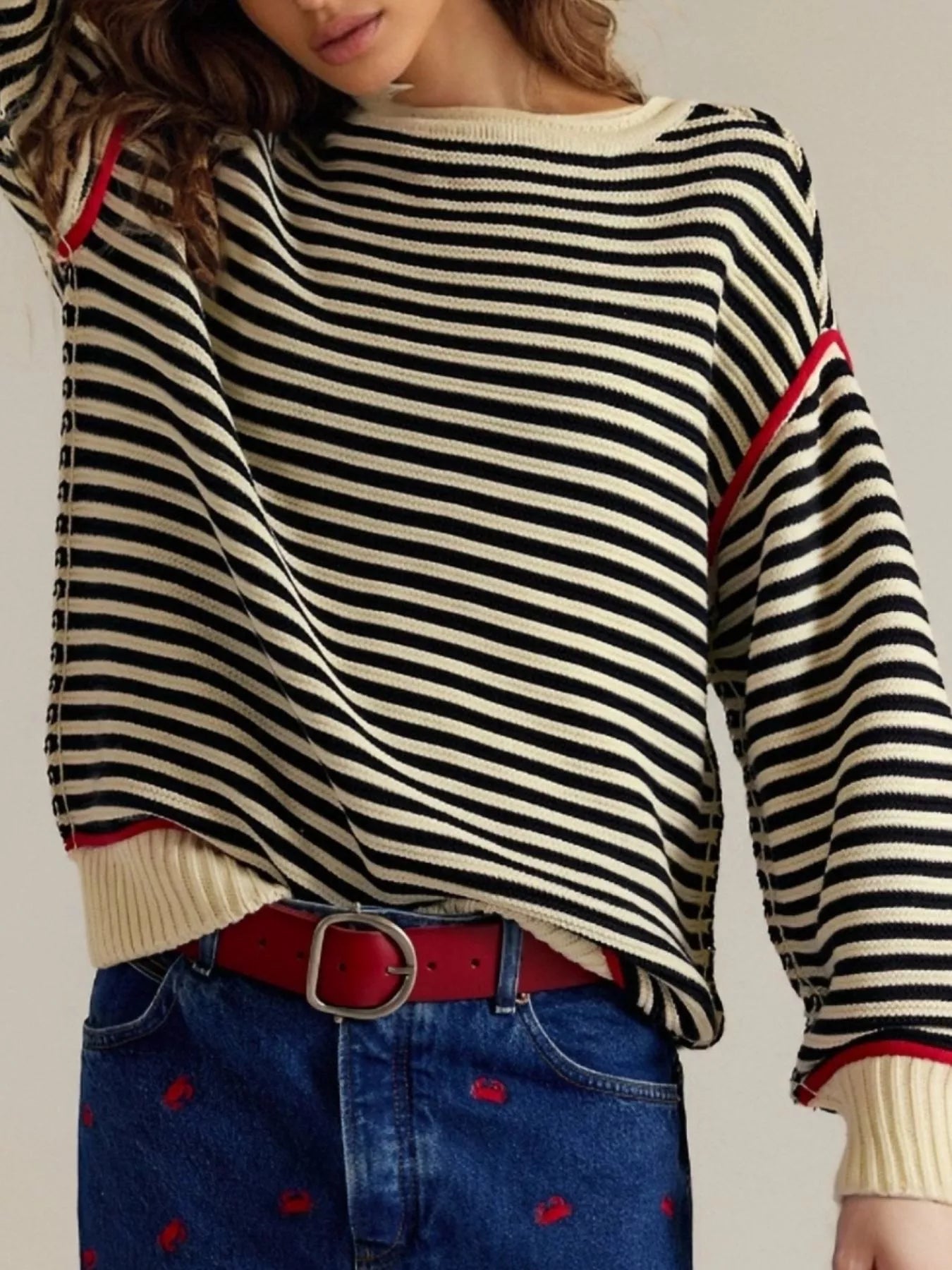 Striped Round Neck Long Sleeve Sweater -  Be Bliss Boutique