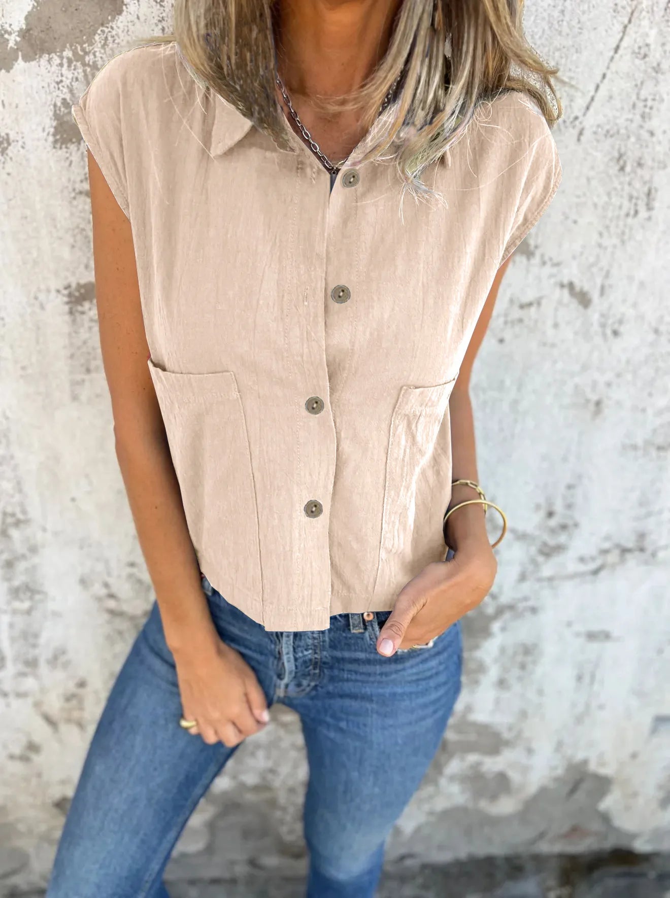 Full Size Button Down Cap Sleeve Linen Shirt Plus Size - Be Bliss Boutique
