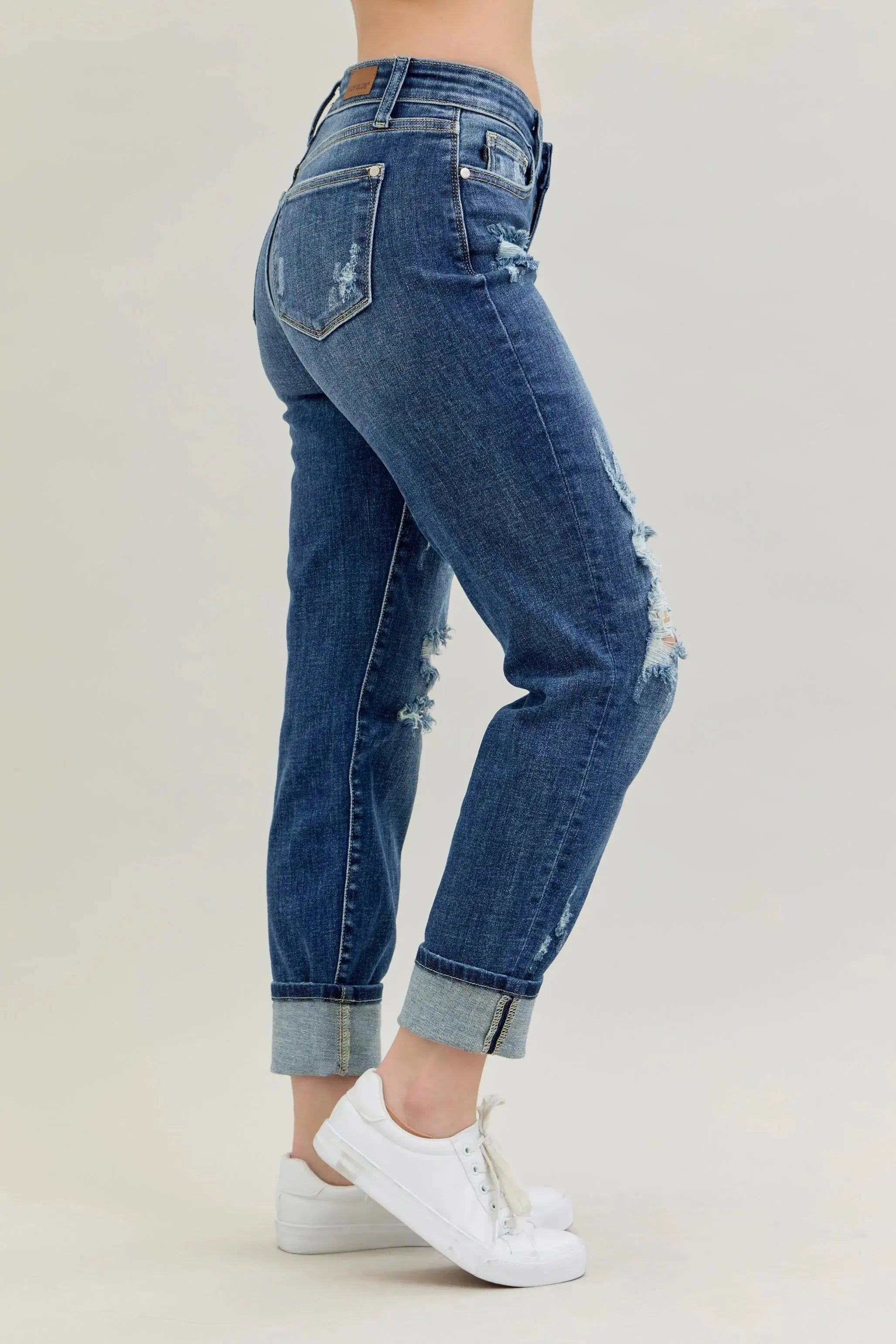 Judy Blue Full Size / Plus Size Mid Rise Cuffed Destroy Boyfriend Jeans |  Be Bliss Boutique