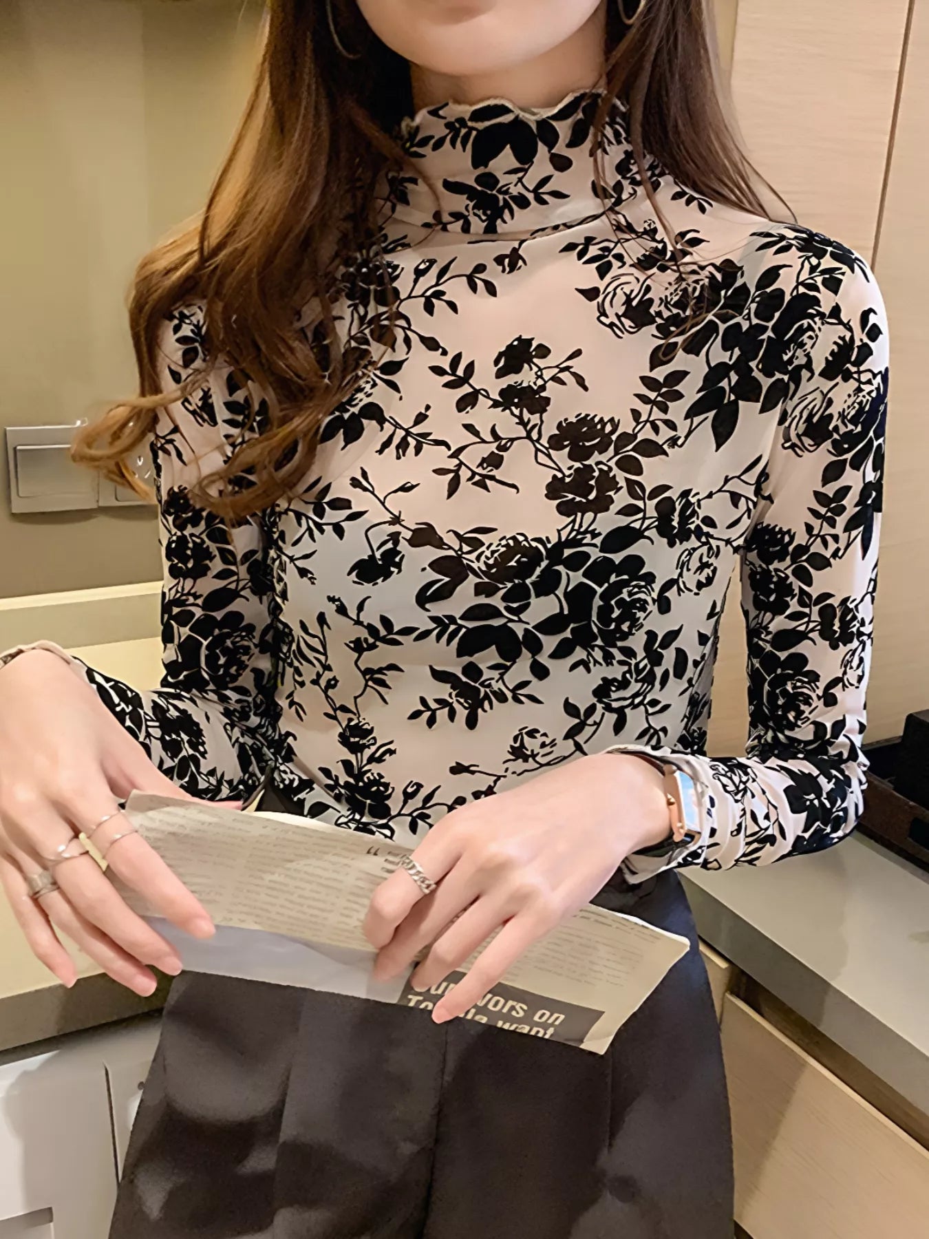 Floral Turtleneck Long Sleeve Top - Be Bliss Boutique