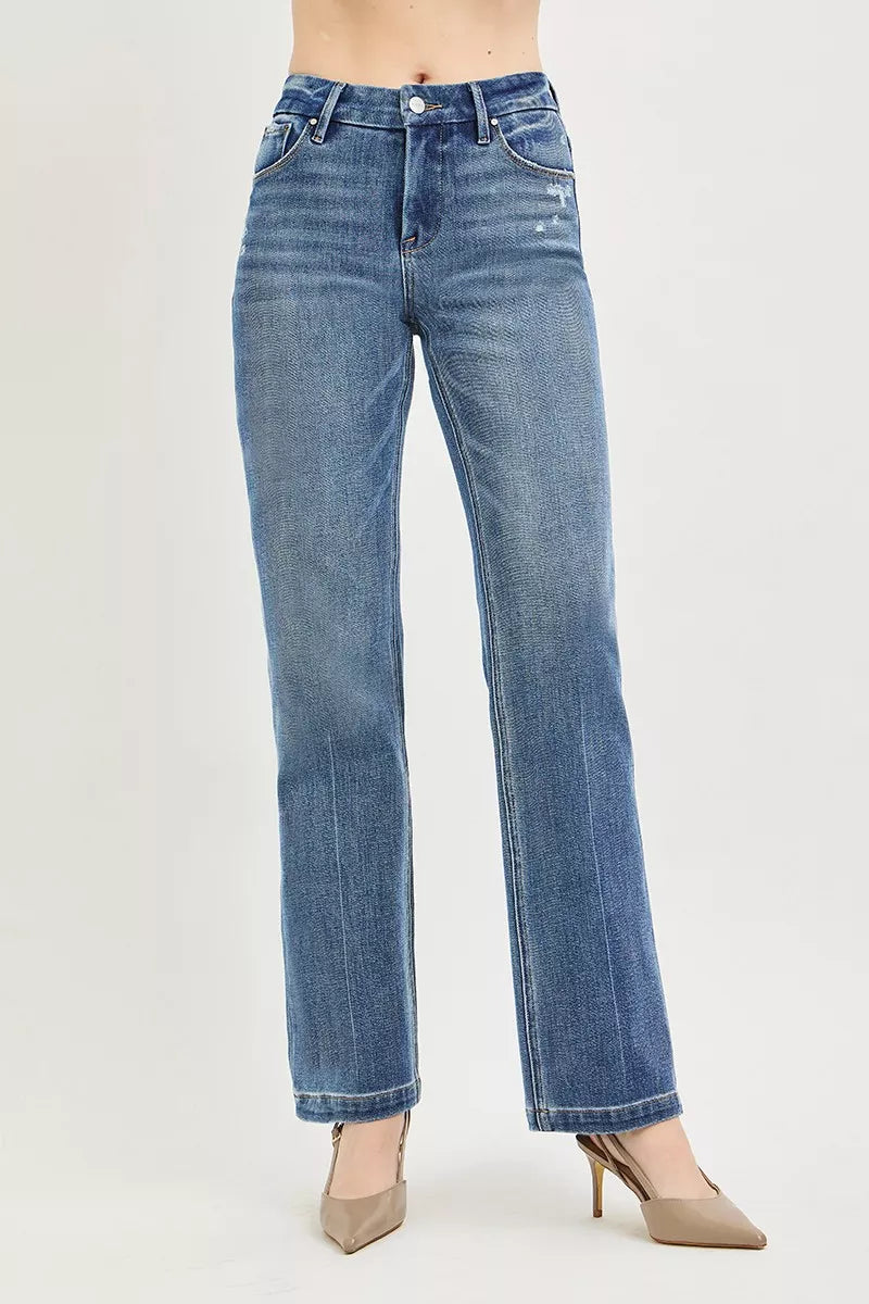 RISEN Tummy Control 4-Way Stretch Mid Rise Straight Jeans with Crease Line Detailing - Be Bliss Boutique
