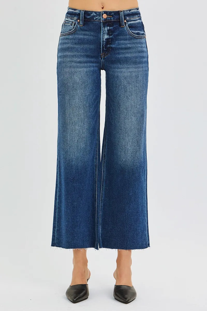 RISEN Full Size Mid Rise Crop Wide Raw Cut Hem Jeans Plus Size -  Be Bliss Boutique